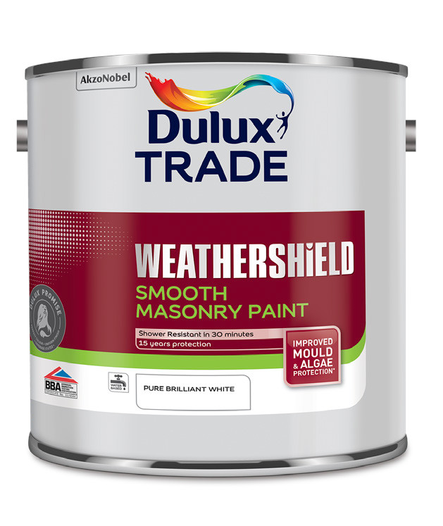 A tin of Dulux Trade Weathershield smooth masonry paint