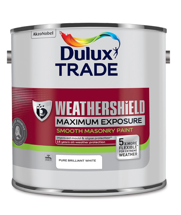 A tin of Dulux Trade Weathershield Maximum Exposure masonry paint