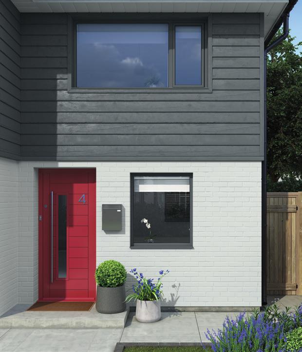 An exterior of a house with cladding in Thunder clouds, masonry in lunar gray and door in contrasting pepper red